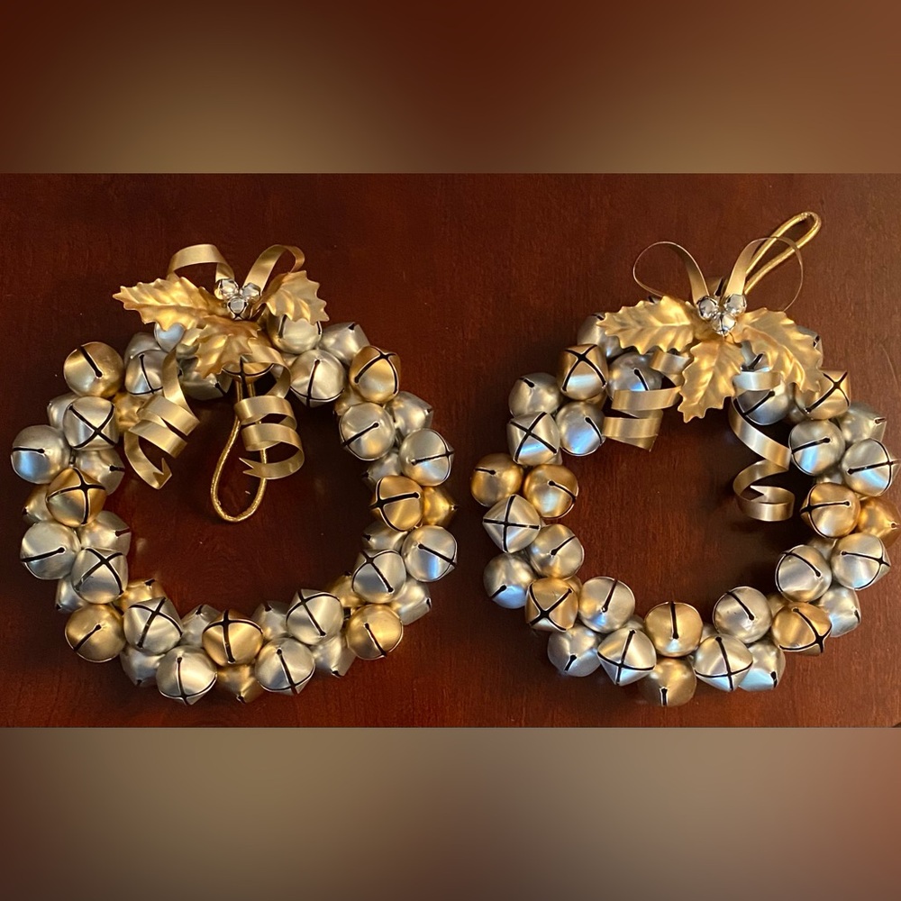 Set of 2 Vintage Silver and Gold Bell 9” Wreaths